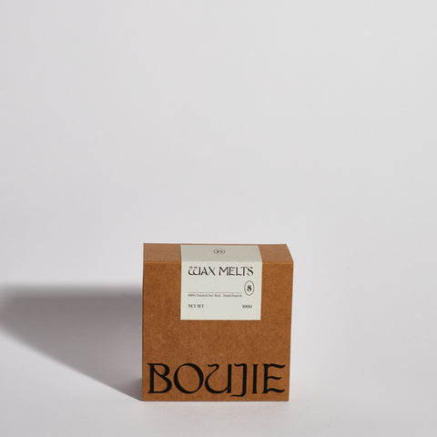 Boujie Autumn Wax Melts Pack of 8, front view with eco-friendly kraft packaging, handmade soy wax cubes. Boujie Autumn Wax Melts Pack of 8, front view with eco-friendly kraft packaging, handmade soy wax cubes.
