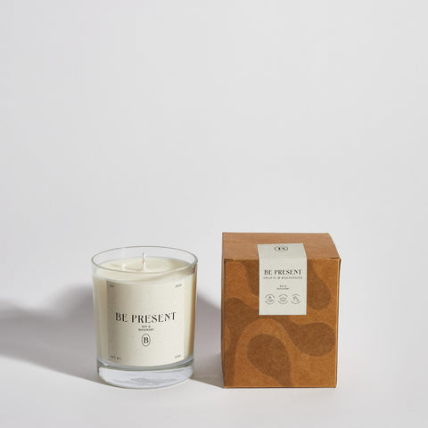 Boujie Be Present luxury soy wax jar candle, front view with packaging, displayed in a clear glass jar with box, scented with bay and rosemary. Boujie Be Present luxury soy wax jar candle, front view with packaging, displayed in a clear glass jar with box, scented with bay and rosemary.