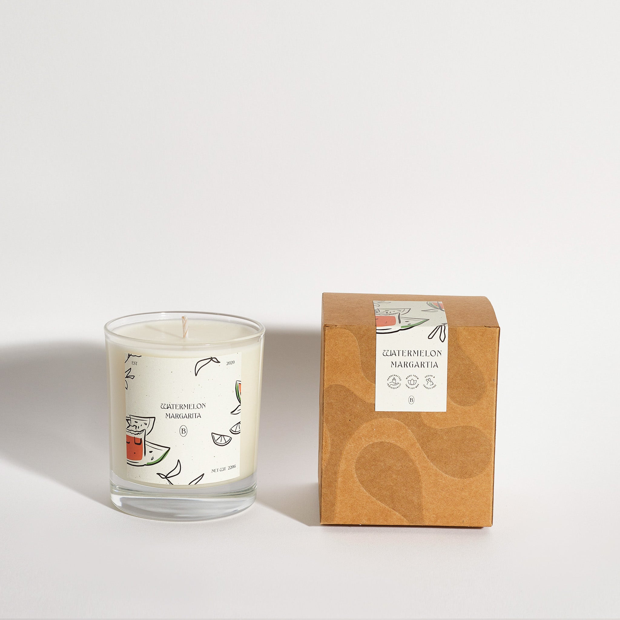 Boujie Watermelon Margarita jar candle with packaging, handmade with natural soy wax – front view. Boujie Watermelon Margarita jar candle with packaging, handmade with natural soy wax – front view.