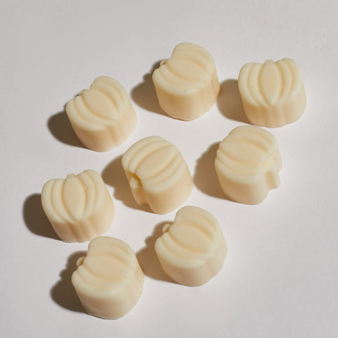 Flatlay of 8 pumpkin-shaped soy wax melts, cruelty-free and handcrafted for autumn home fragrance.