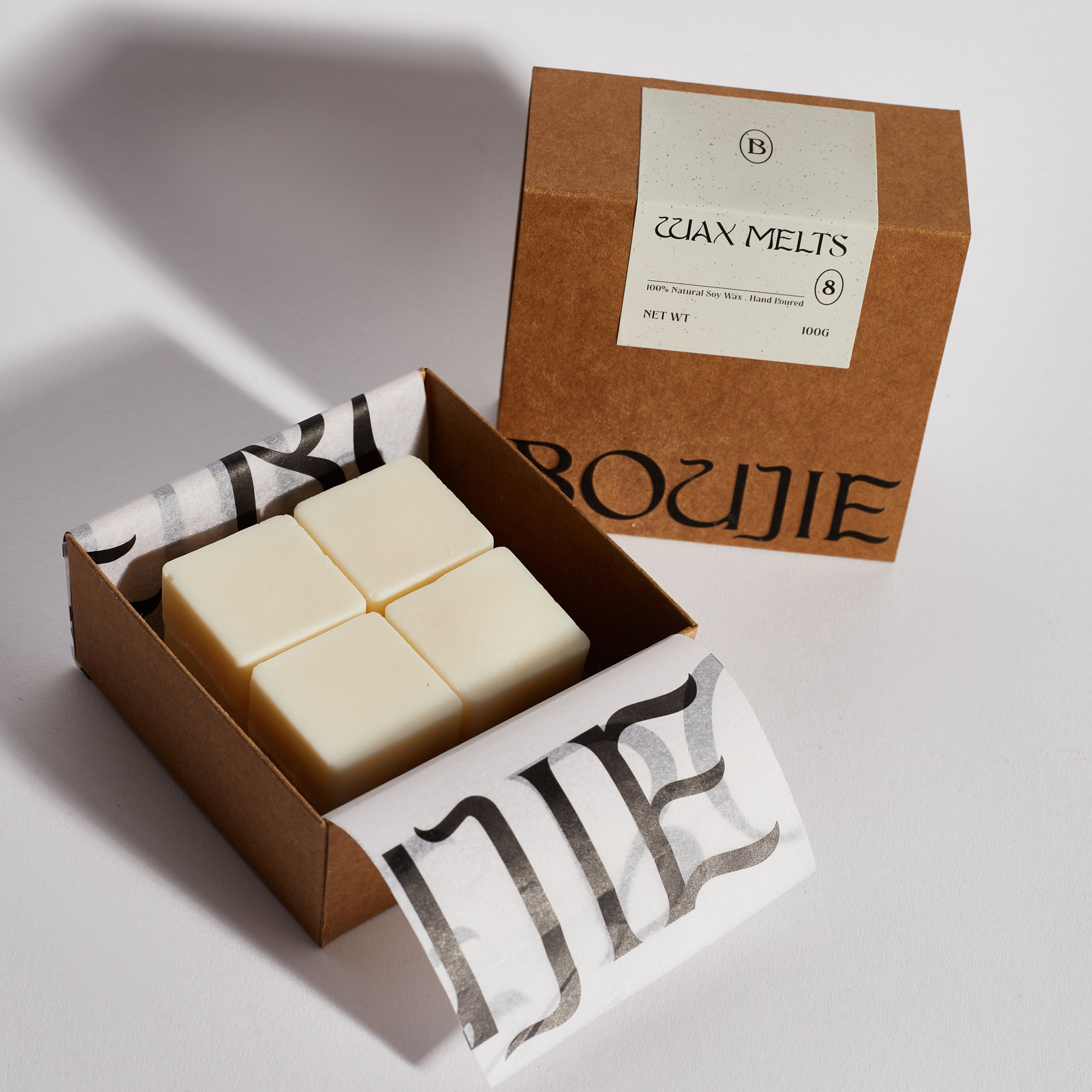 Boujie Autumn Wax Melts Pack of 8 in eco-friendly box, soy wax cubes displayed from above.