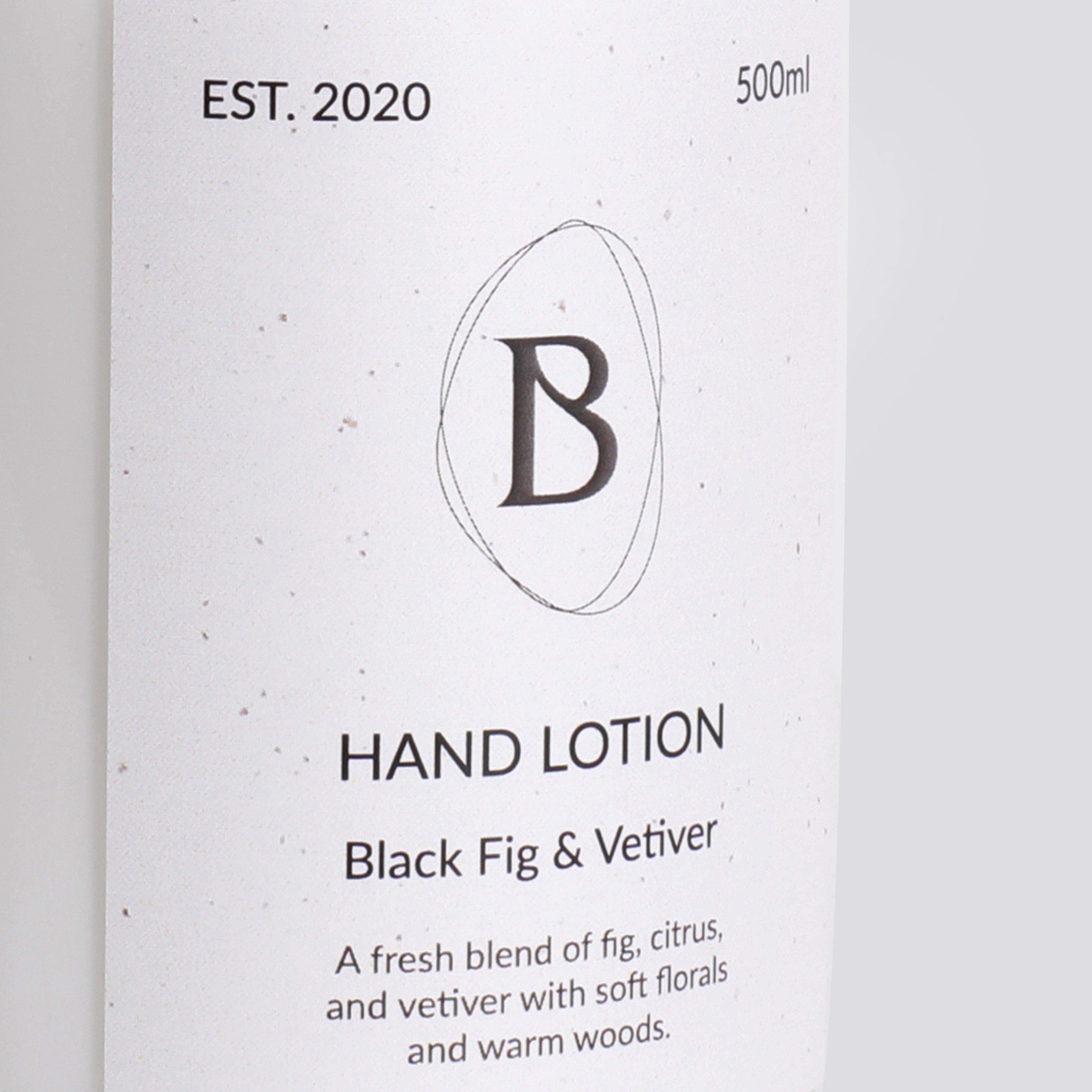Hand lotion packaging with 'B' logo and product description on a white background