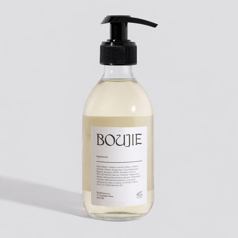 Bottle of Boujie liquid soap on a light gray background