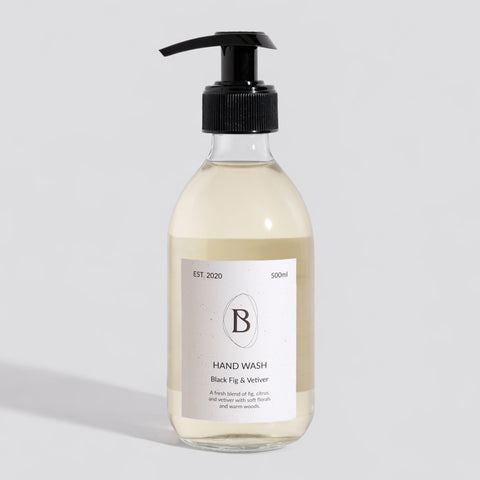 Hand wash bottle with pump on a light gray background