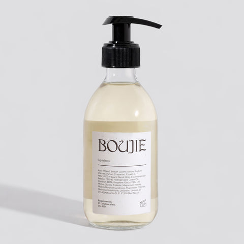Bottle of Boujie product on a light gray background