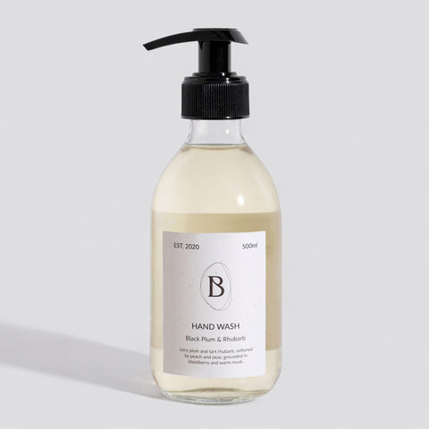 Hand wash bottle with pump on a light gray background