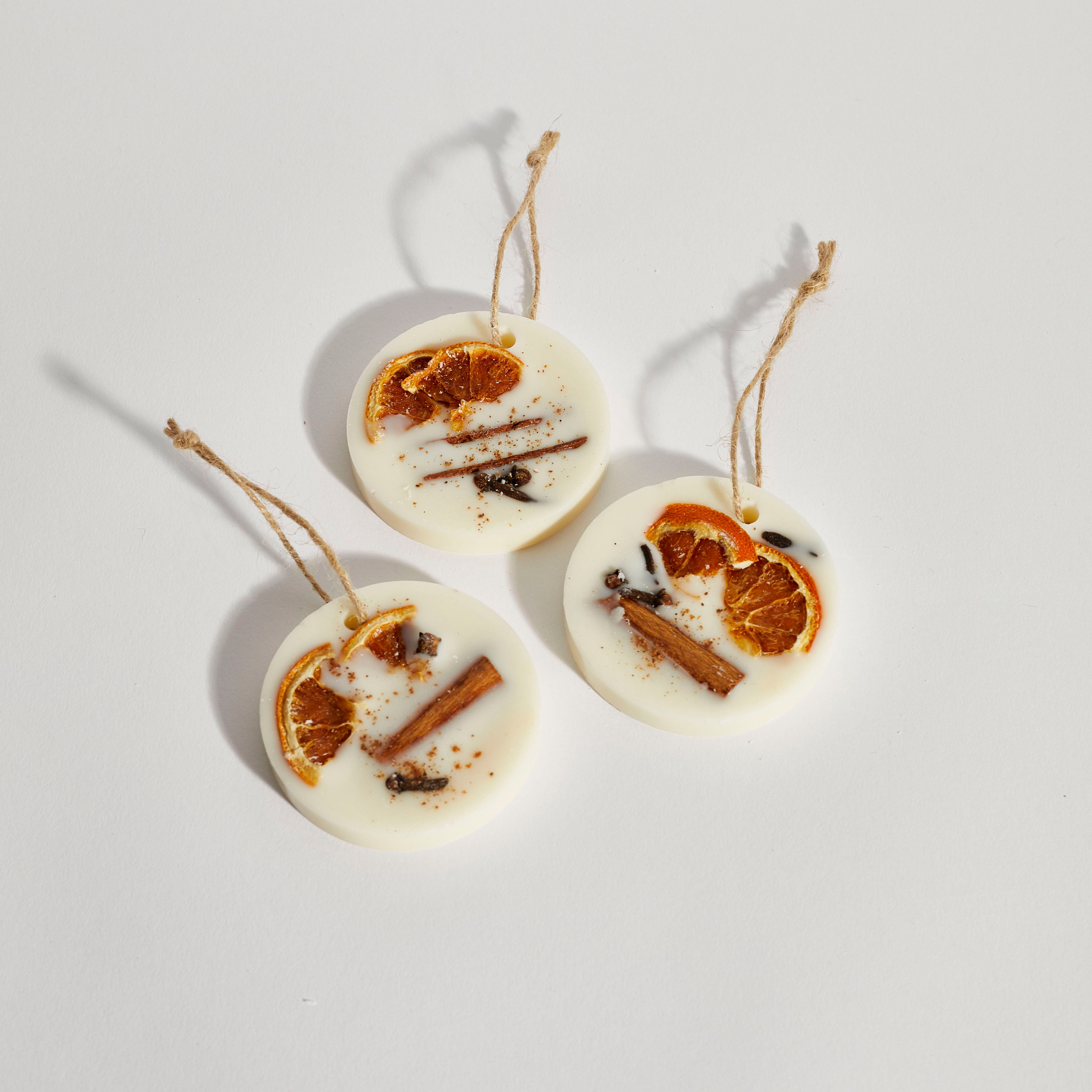 Set of three circle scented wax melt decorations with dried botanicals.
