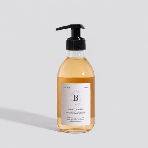 Hand wash bottle with pump on a light gray background