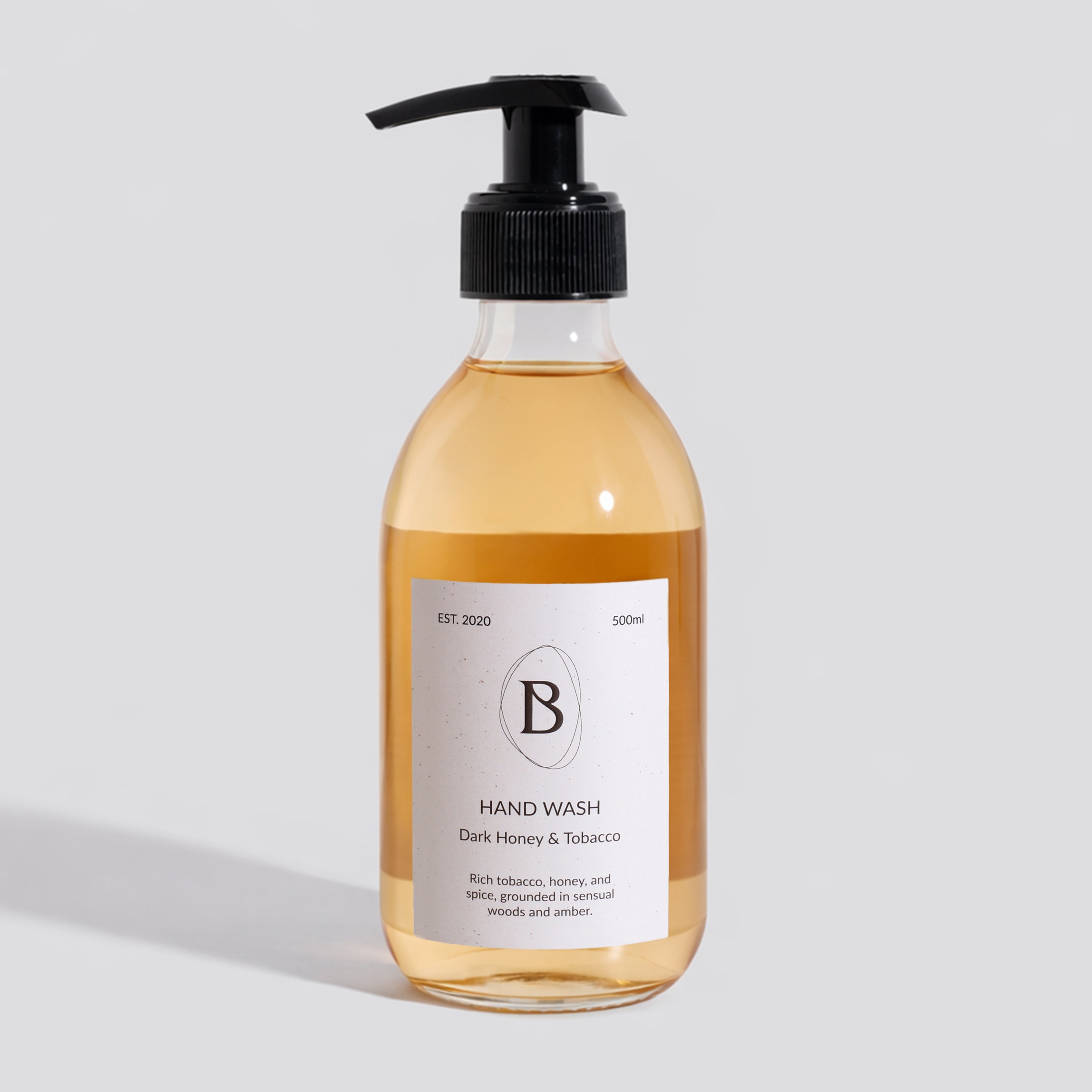 Hand wash bottle with pump and label on a light gray background