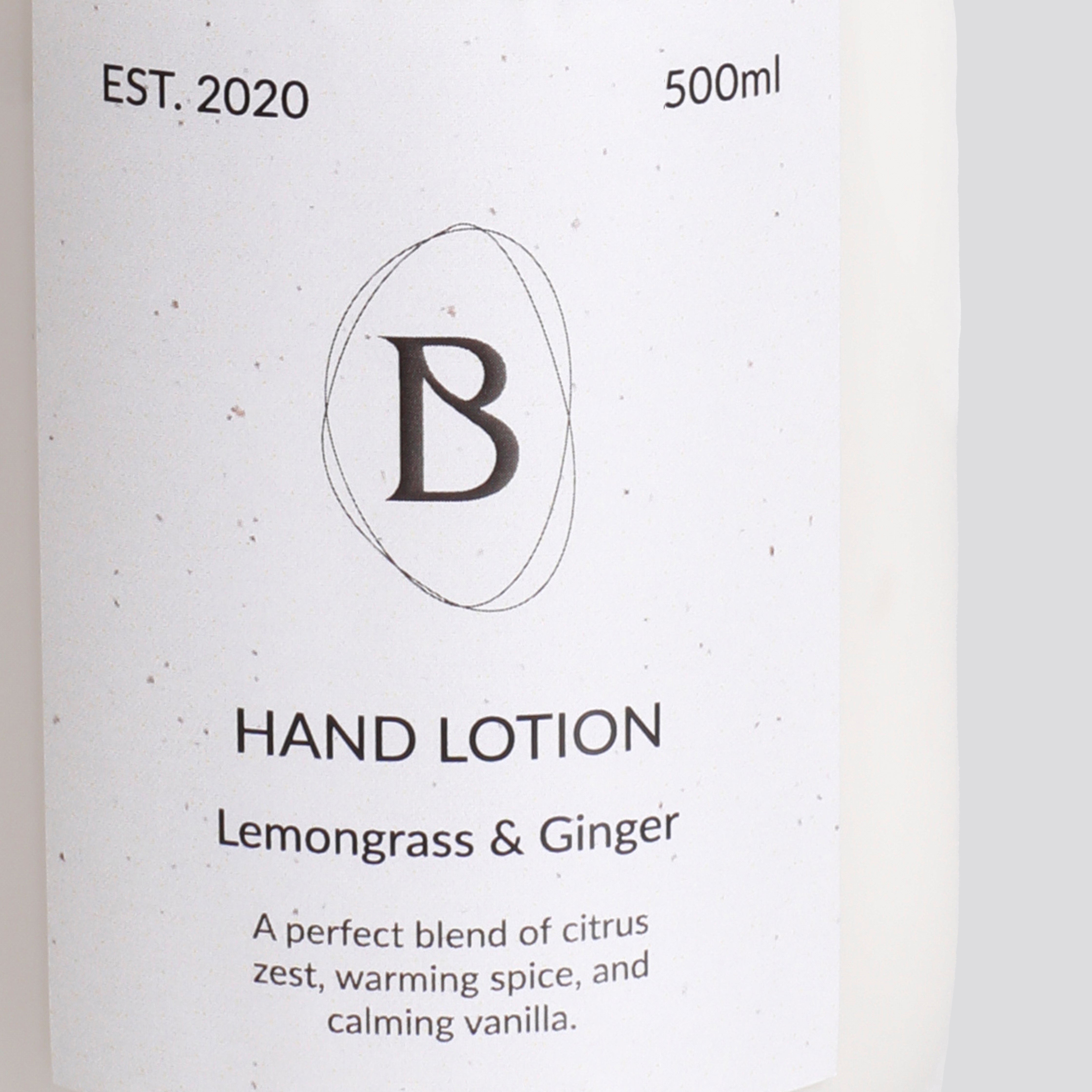 Hand lotion packaging with 'B' logo and product details on a white background