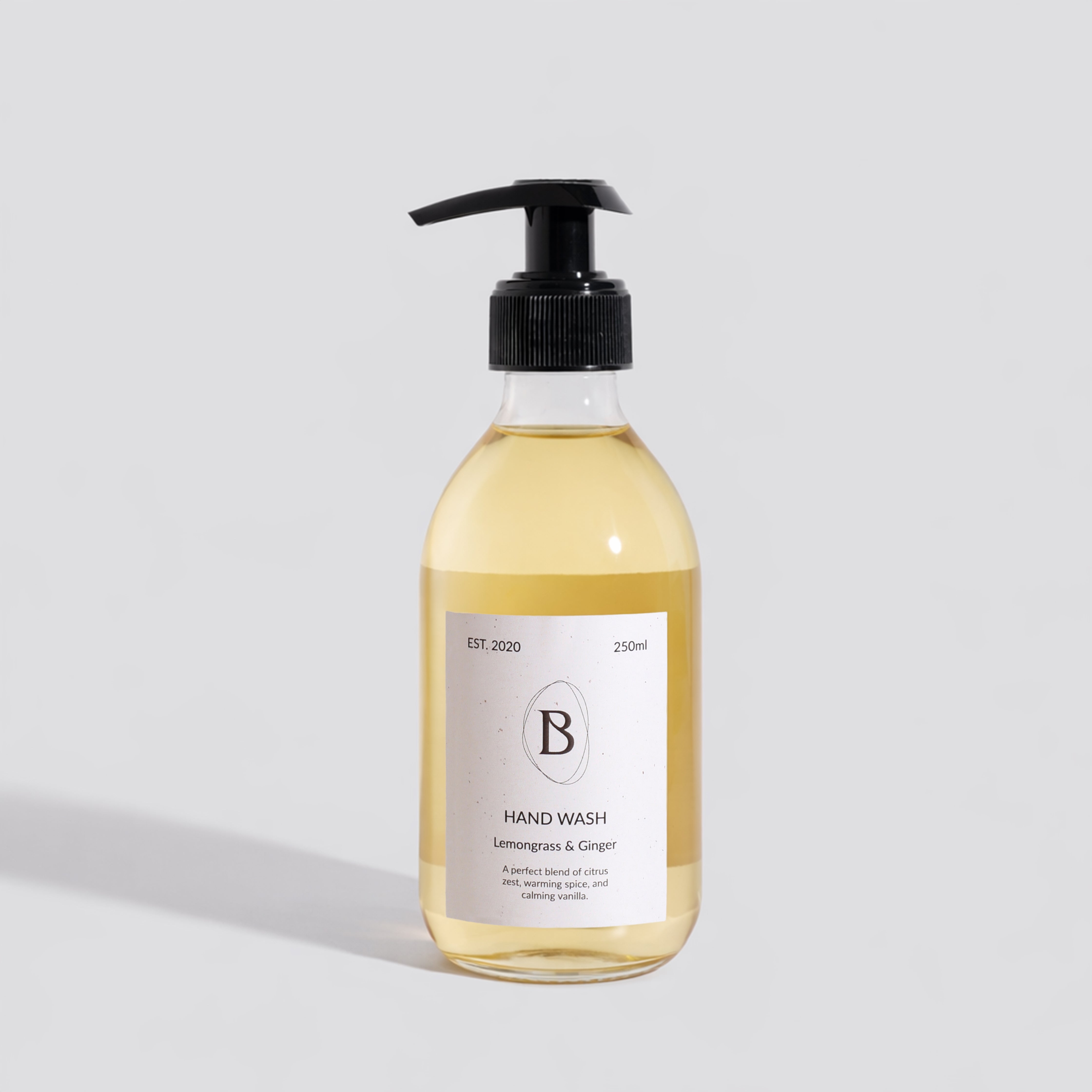 Hand wash bottle with pump on a light gray background
