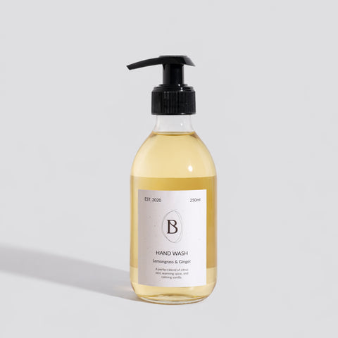 Hand wash bottle with pump on a light gray background