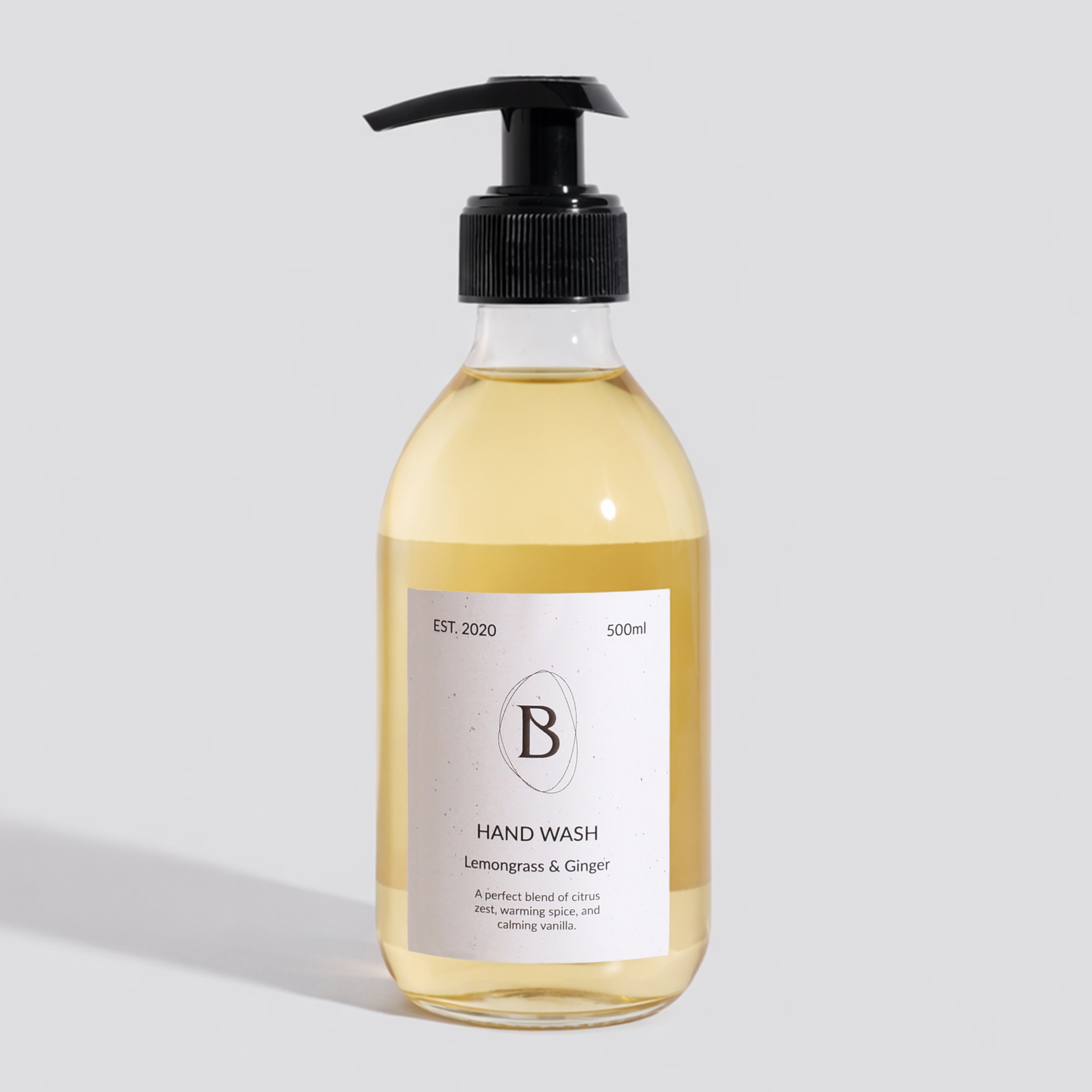 Hand wash bottle with pump dispenser on a light gray background