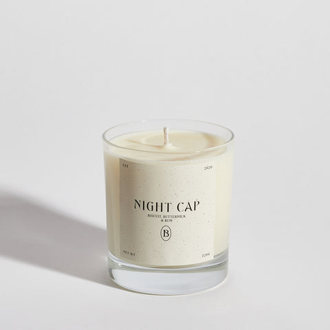 Boujie Night Cap jar candle, handmade with natural soy wax, blending spiced buttermilk, biscuit, and rum with notes of caramel, biscoff, and nutmeg – front view.