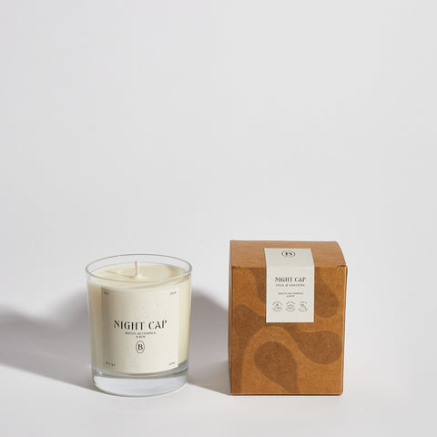 Boujie Night Cap jar candle with elegant packaging, infused with the comforting aroma of spiced buttermilk, biscuit, rum, caramel, biscoff, and nutmeg – front view