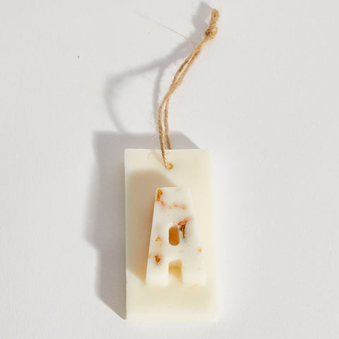 Boujie personalised scented tree decoration with initial A, handmade soy wax with dried botanicals, unique eco Christmas decoration