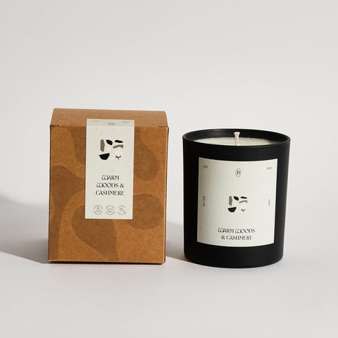 Boujie Warm Woods & Cashmere scented jar candle with packaging, handmade with natural soy wax – front view.