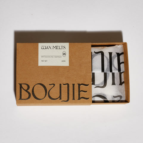 Boujie soy wax melts in kraft box with branded tissue – sustainable home fragrance