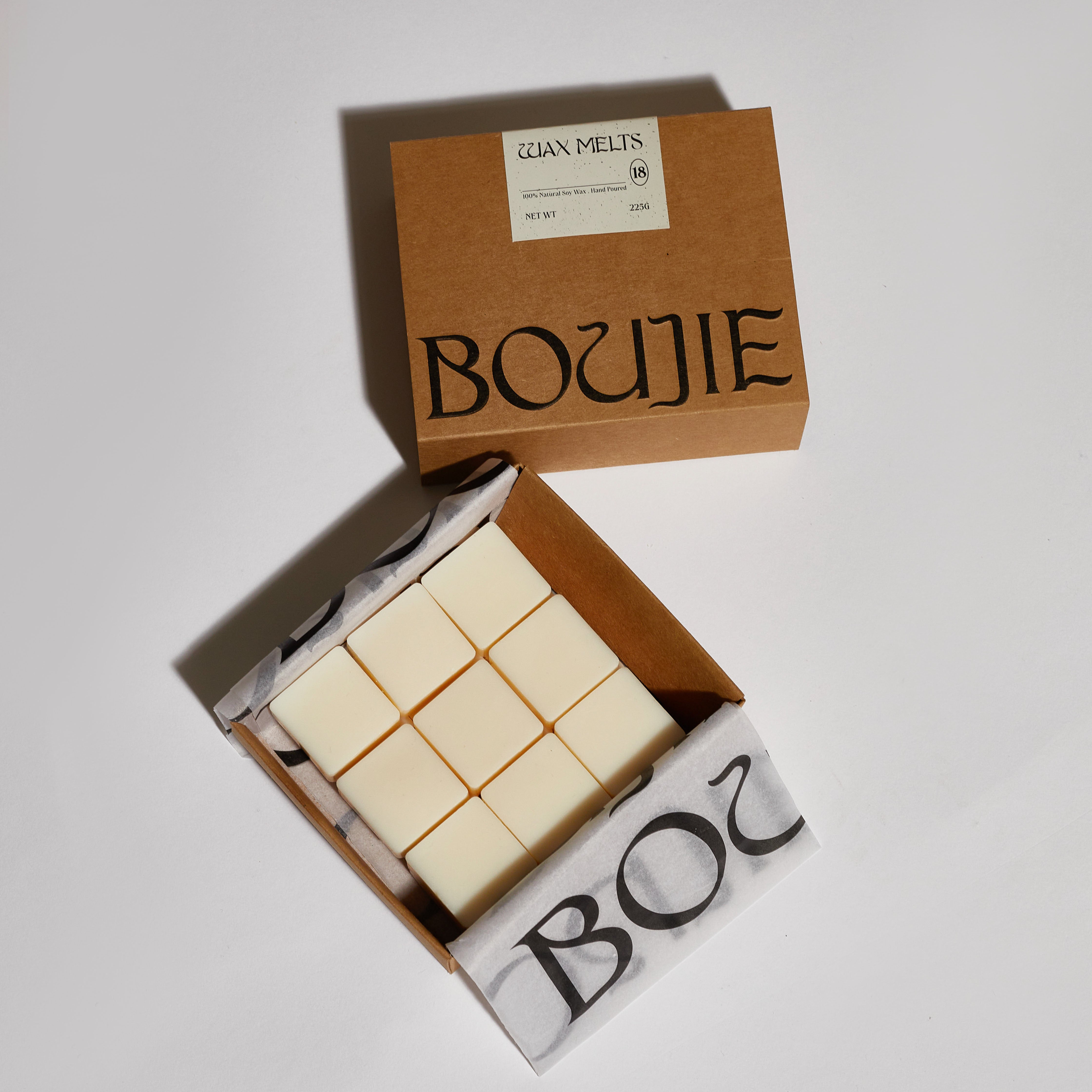 Boujie natural wax melt cubes in eco-friendly packaging for home scent