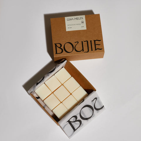 Boujie natural wax melt cubes in eco-friendly packaging for home scent