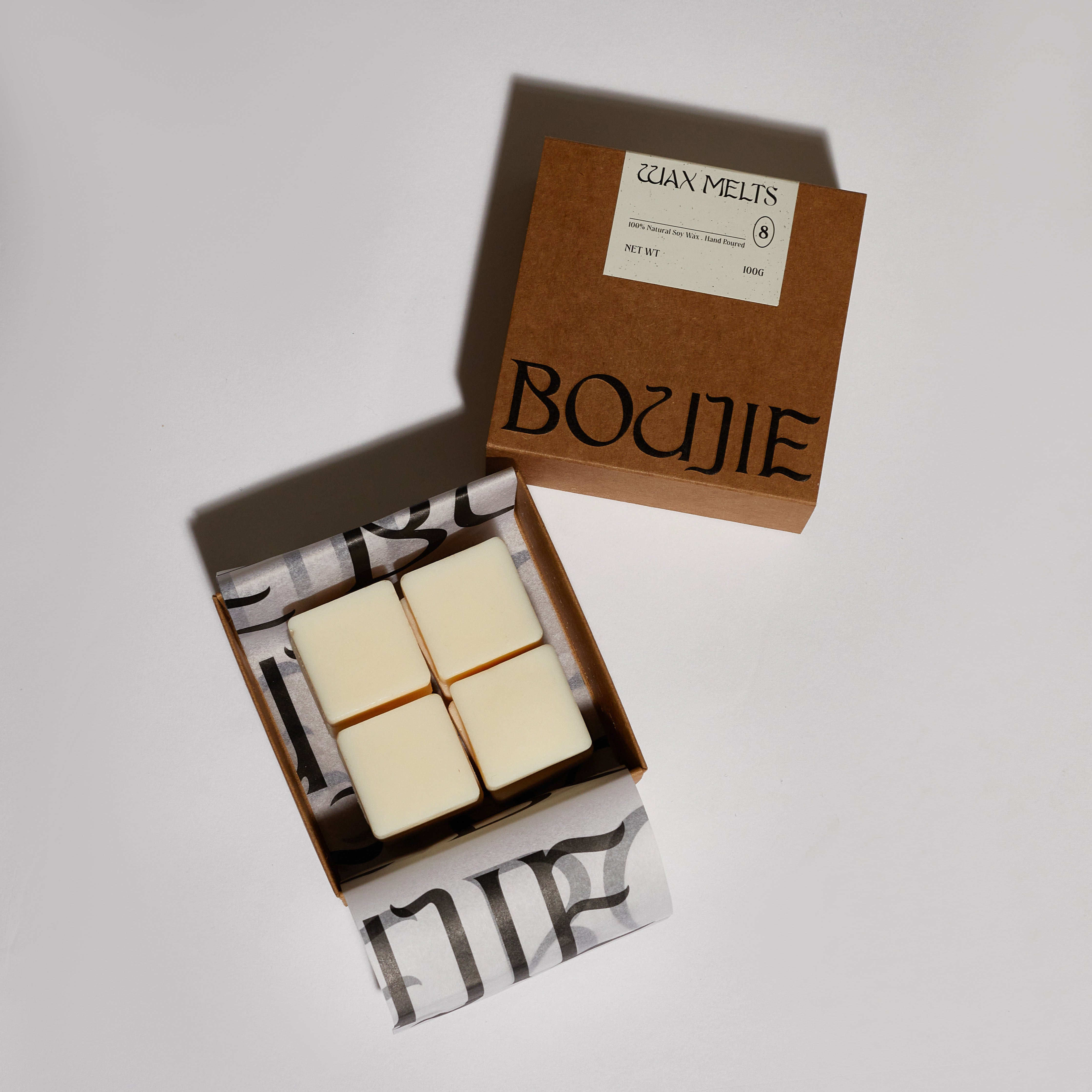 Boujie Winter Wax Melts Pack of 8, front view with kraft packaging, handmade soy wax cubes.