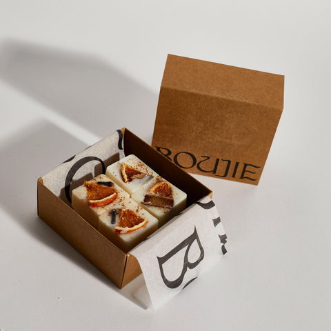A rectangular box with the brand name 'boujie' on the inside lid, containing eight cubes of botanical wax melts with orange slices and cinnamon pieces visible.