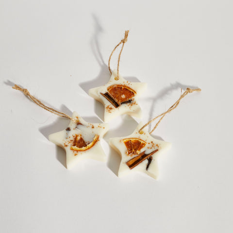 Three white wax tarts with star-shaped patterns, adorned with dried botanicals, displayed against a white background with twine hanging from each.