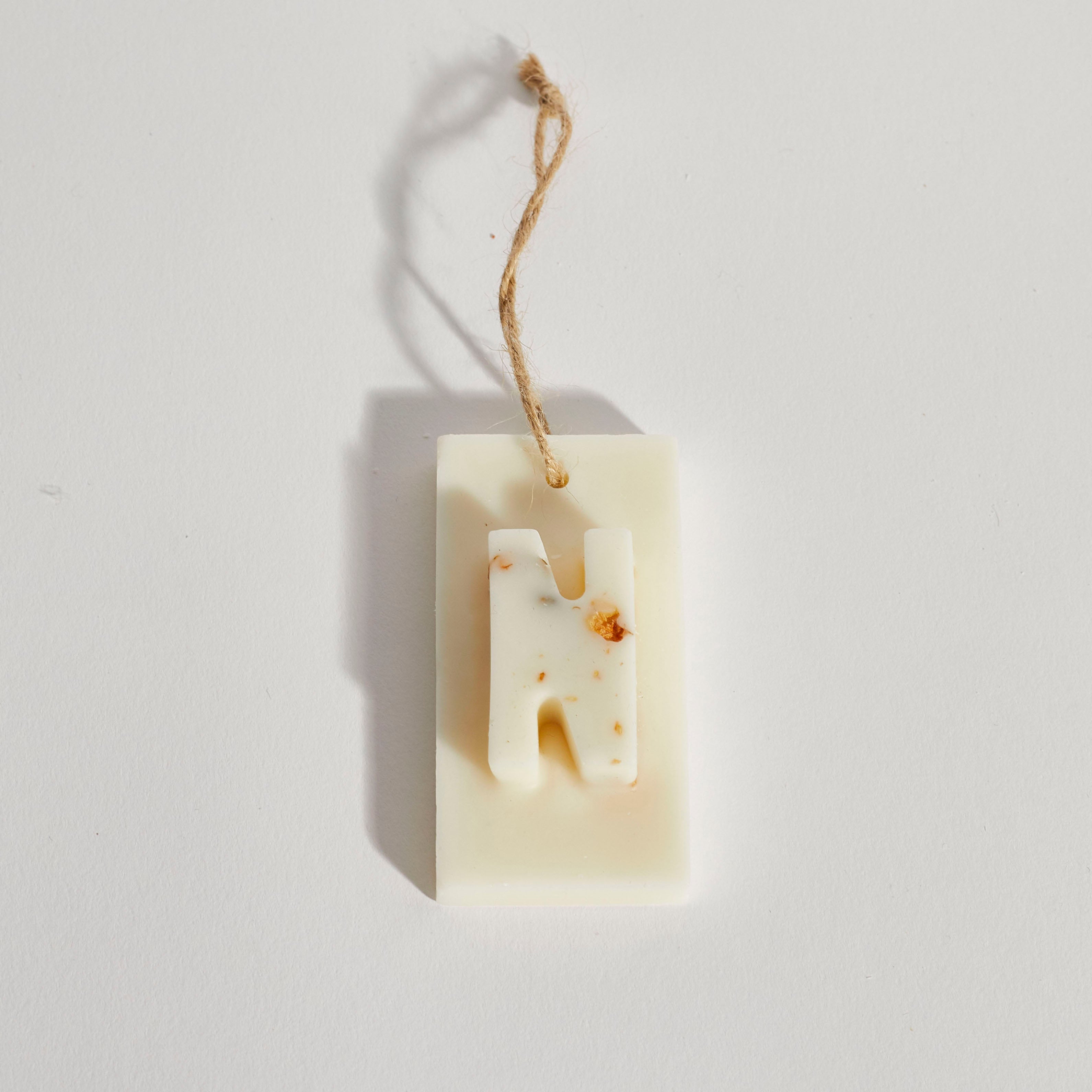 Handmade personalised scented tree decoration with letter N, natural soy wax Christmas ornament by Boujie.