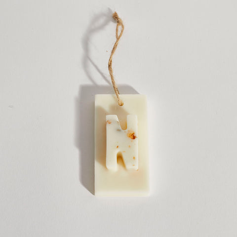 Handmade personalised scented tree decoration with letter N, natural soy wax Christmas ornament by Boujie.